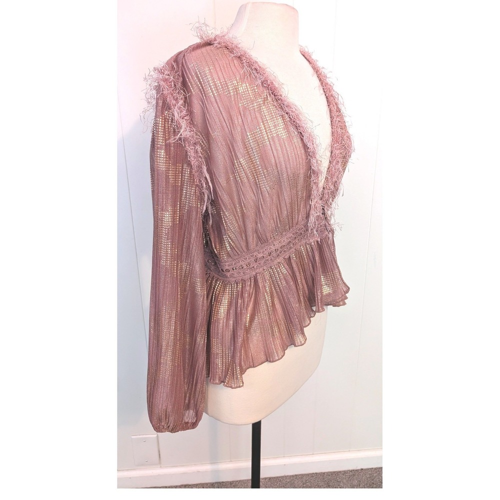 Moon River Dusty Rose Metallic Peplum Blouse L Eyelash Feather Trim Boho Glam - Picture 6 of 10